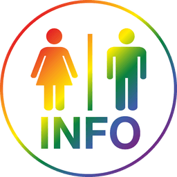 A rainbow-coloured version of the Public Toilet Info logo for Pride Month